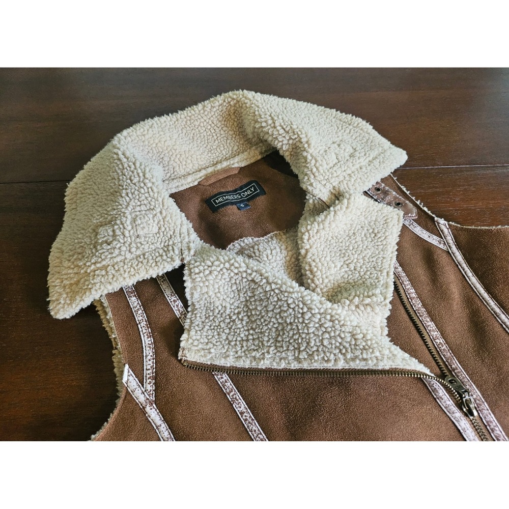 Members Only Faux Suede Vest Womens Small Brown Shearling Lined Moto Buckle